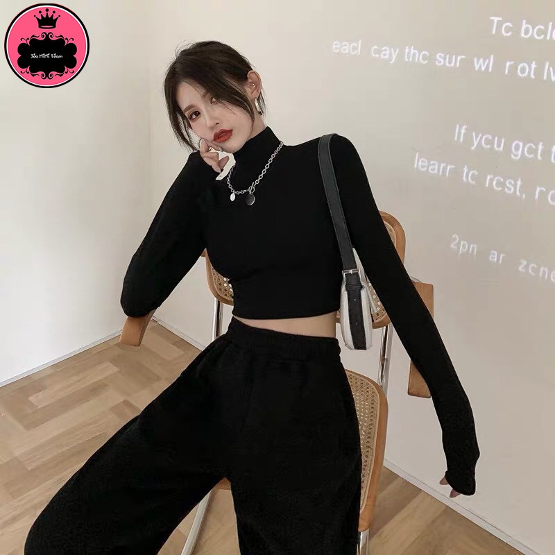 Áo Thun Croptop Tay Dài Cổ Lọ Trắng Đen Freesize "CROPTOP CỔ LỌ TAY DÀI"