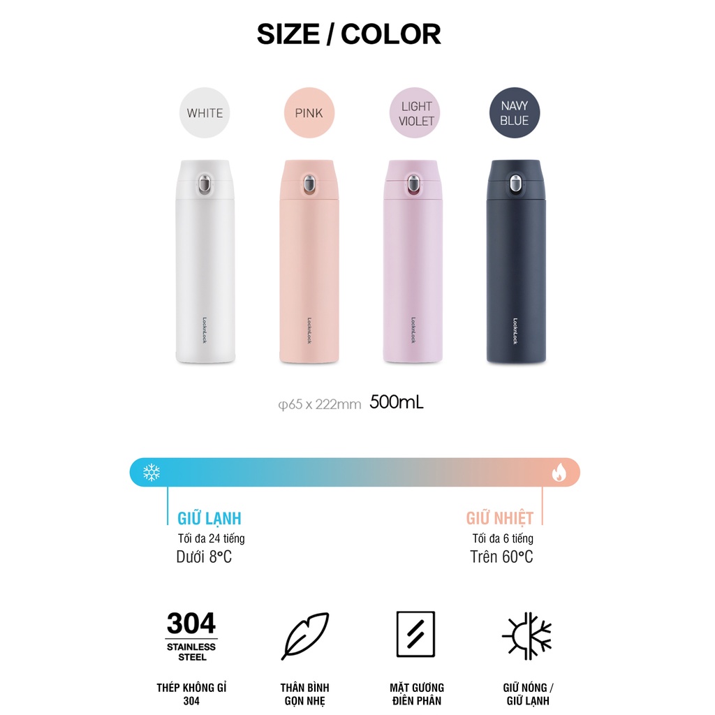 Bình Giữ Nhiệt Lock&Lock Featherlight One-touch Tumbler LHC3257 500ml - Hàng Chính Hãng