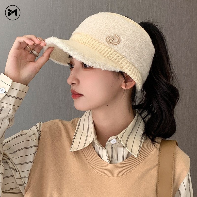 Mũ Lưỡi Trai Dệt Kim Phối Lông Thỏ Co Giãn Giữ Ấm Phong Cách Hàn Quốc Thời Trang Cho Nữ