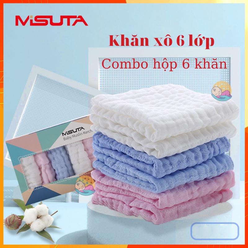 Khăn sữa xô Misuta bộ 6 cái mềm mại chất liệu Cotton thấm hút tốt loại dày rửa mặt cho bé