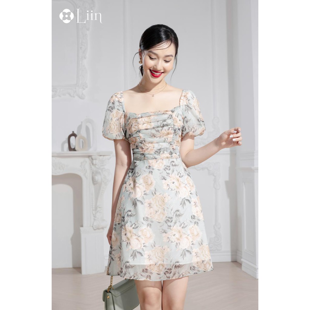 Đầm ôm nữ Linbi họa tiết hoa xanh, vai bồng xinh xắn liin clothing D6291