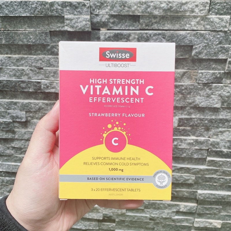 Viên sủi hương dâu Swisse High Strength Vitamin C Effervescent 1000mg hộp 60 viên bổ sung vitamin C tăng đề kháng