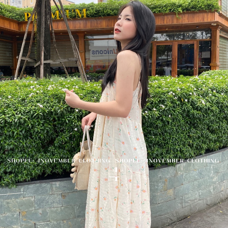 Đầm - Váy maxi hai dây họa tiết hoa kèm dây chun cột tóc cùng màu