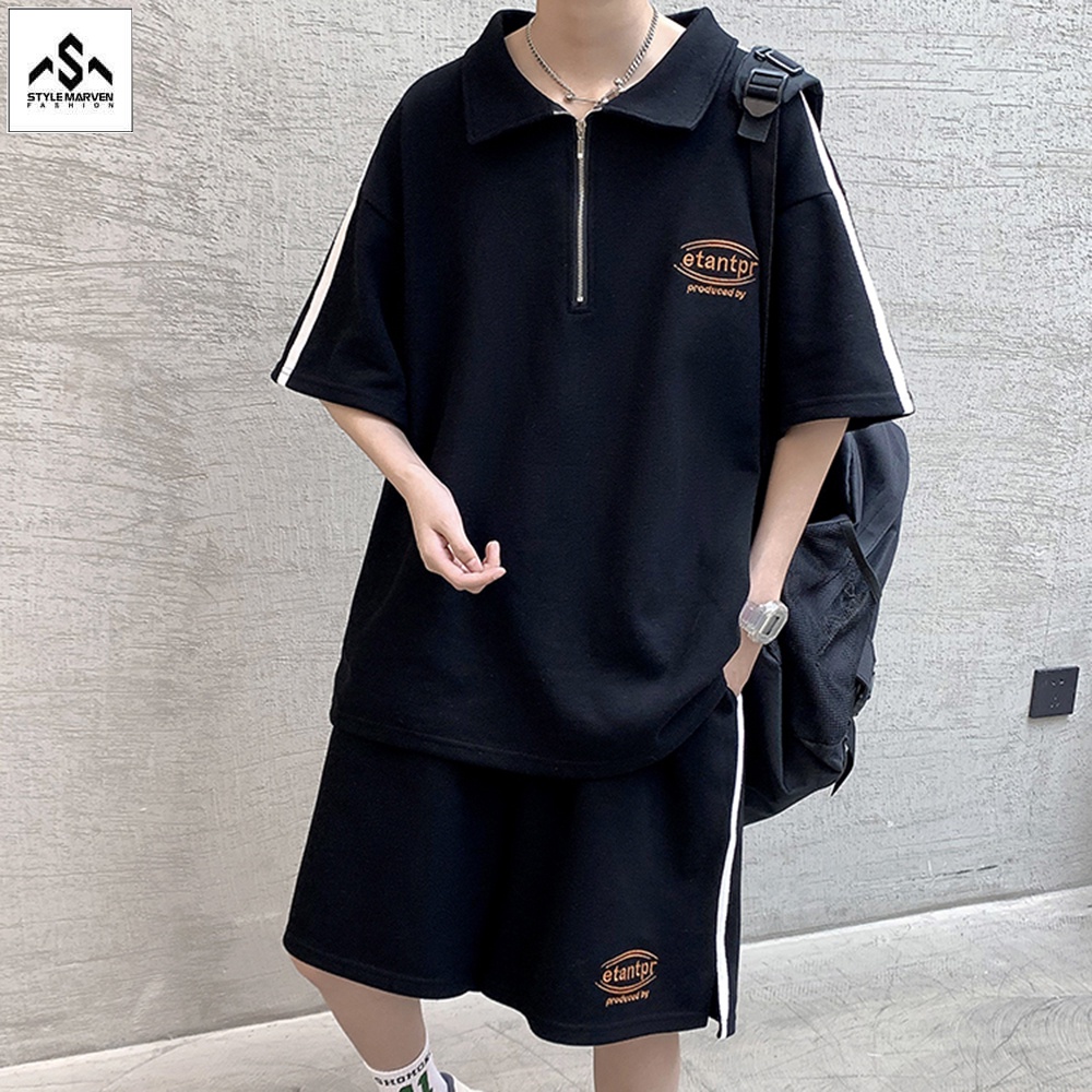 Bộ Quần Áo Thun Nam Cộc Tay Cổ Bẻ In Logo Form Rộng Hot Trend 2022 STYLE MARVEN - SET NAM 008