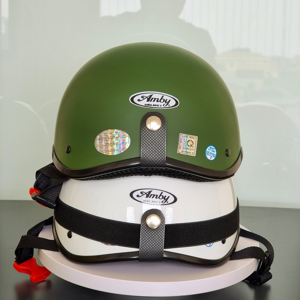 Mũ bảo hiểm phượt nửa đầu Amby Helmet trơn có kính UV, kính phi công cho học sinh sinh viên