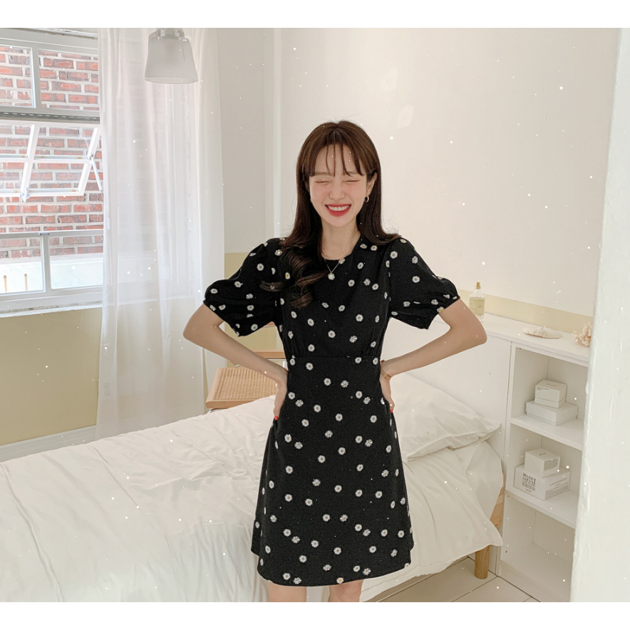 SUXI Đầm họa tiết hoa cúc thời trang hè tay ngắn dành cho nữ