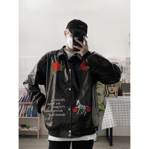ÁO BOMBER FULL DA THÊU HOA HỒNG FORM UNISEX NAM NỮ (kèm ảnh thật)