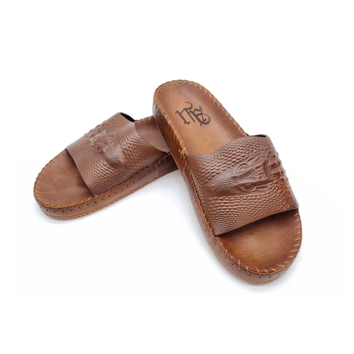 Dép nam quai ngang da bò thật 100% dập vân cá xấu màu nâu hàng đế khâu chắc chắn bao đi nước rửa chân bảo hành 2 năm