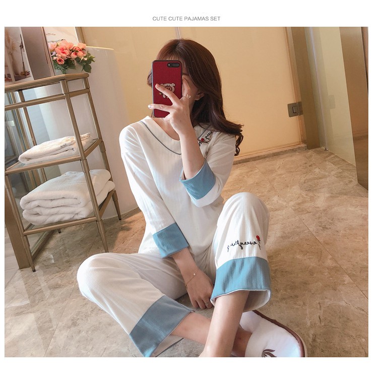 [Mã FASHIONGREEN15 giảm tới 30K đơn 99K] Bộ đồ ngủ dài tay thêu hoa dễ thương [BD03 | BigBuy360 - bigbuy360.vn