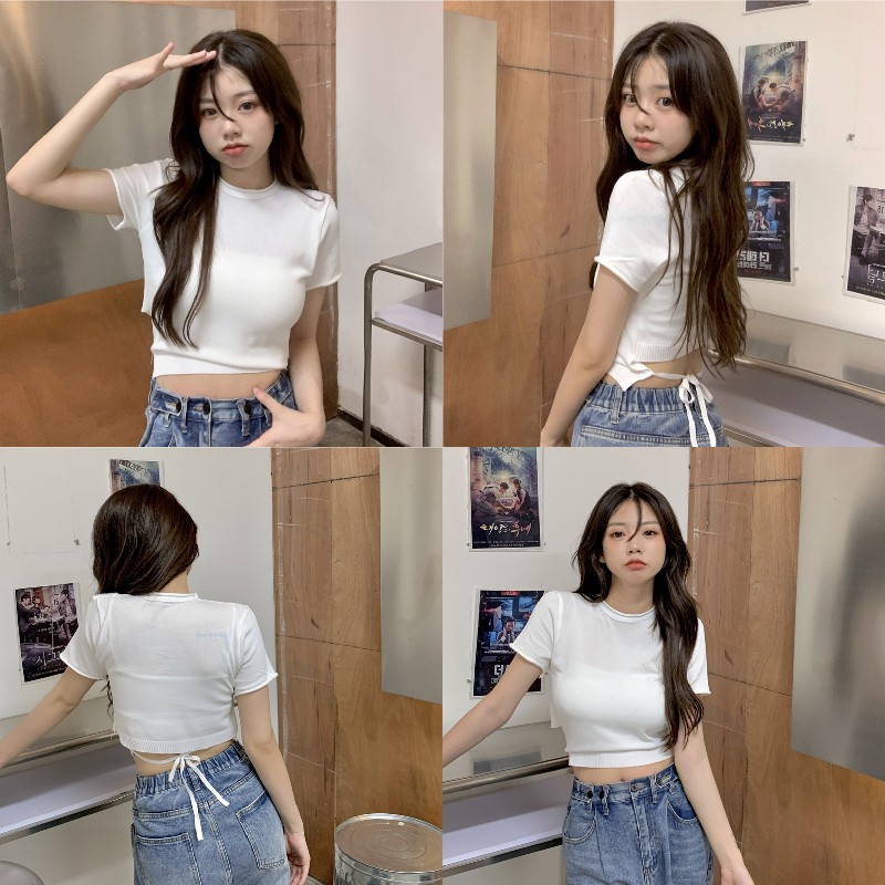 Cocory vn Áo Croptop Cổ Tròn Tay Ngắn Dáng Ôm Quyến Rũ Thời Trang Mùa Hè