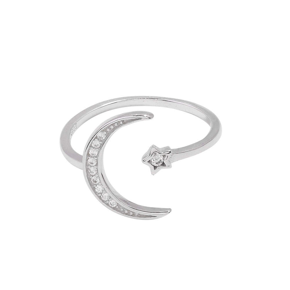 Exquisite Nhẫn Hở Mạ Bạc Hình Trăng Sao Xinh Xắn