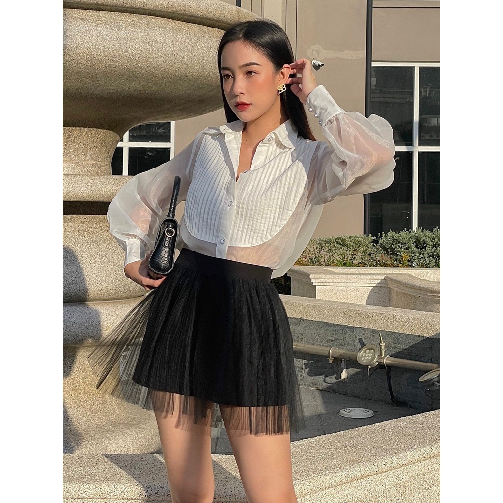 RECHIC Áo Kiểu Trixie Màu Trắng cổ sơ mi tay dài phối oganza xinh xắn thanh lịch thời thượng công sở dạp phố
