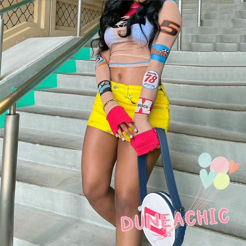 DUNEA Áo Thun Tay Dài In Họa Tiết Phối Lưới Thời Trang Cho Nữ