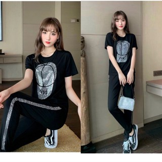 [CAO CẤP] BỘ ĐỒ THỂ THAO NỮ HỌA TIẾT CÁI NÓN ĐÍNH ĐÁ TRẮNG-100% cotton