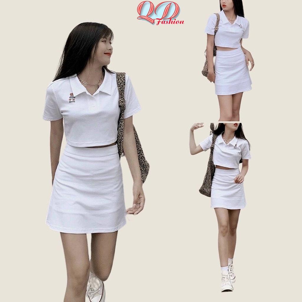 Set áo crotop POLO áo thiêu gấu chân váy trắng xinh QD MSP016