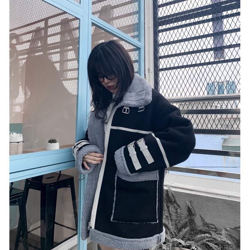 Áo khoác da lộn lót lông ấm phụ kiện dây cài cổ | BigBuy360 - bigbuy360.vn