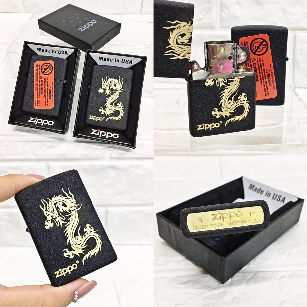 BẬT LỬA ZIPPO MỸ ĐEN NHÁM HÌNH RỒNG (CÓ TEM ĐỎ)