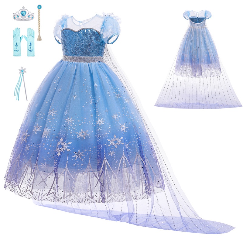 ❤️ Set 4 đầm công chúa Elsa kèm áo lưới tay phồng màu xanh dương có thể tháo rời cho bé gái/sinh nhật/Giáng sinh/Halloween N130