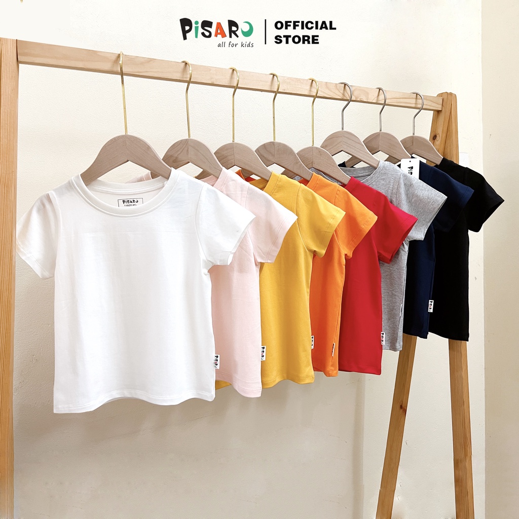 Áo phông ngắn tay trơn PISARO cho bé trai bé gái vải Cotton cao cấp co giãn mềm mại