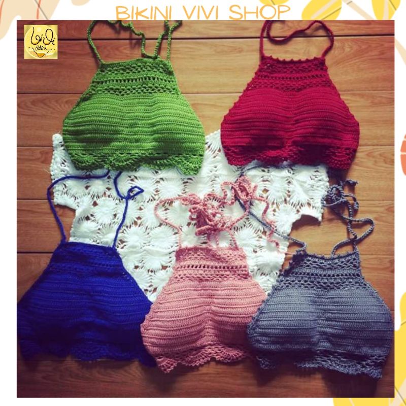 Áo Len Móc Đi Biển, Đan Tay Dạng Yếm Nhiều Màu, Đồ Tắm Biển Nữ