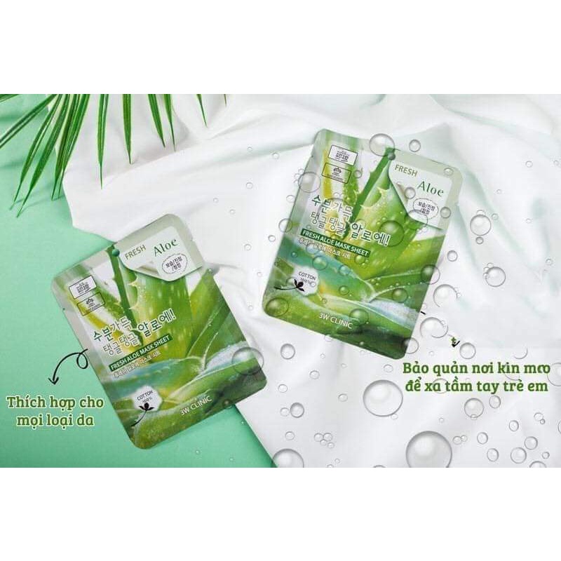Mặt nạ giấy thiên nhiên Lô Hội Nha Đam Mỹ phẩm chăm sóc dưỡng da chính hãng Hàn Quốc 3W Clinic Fresh Aloe Mask Sheet