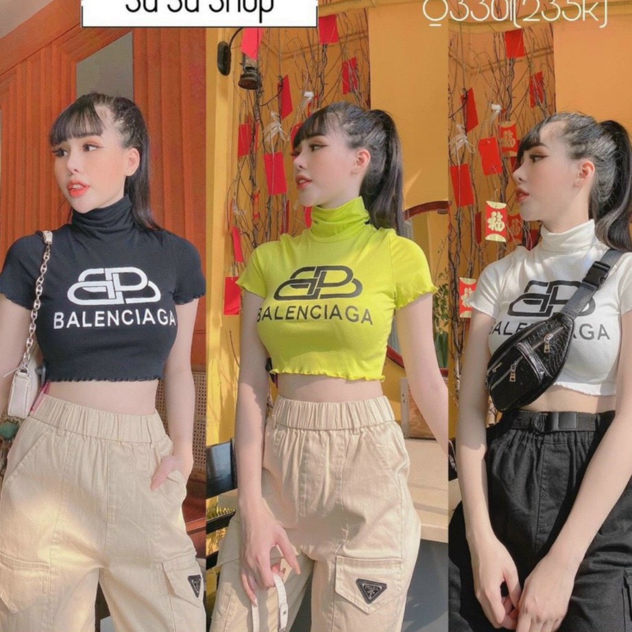 Áo kiểu croptop cổ lọ tay ngắn in chữ hiệu trước ngực cực xinh , chất thun bozip mềm mịn