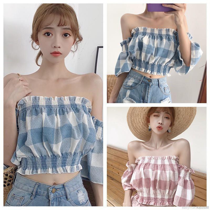 Áo Croptop Trễ Vai Kẻ Sọc Caro Xinh Xắn Cho Nữ