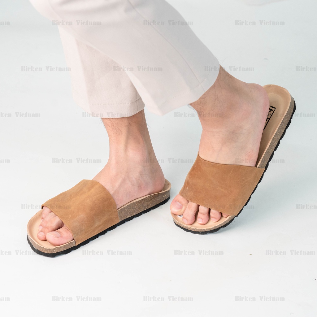 MÃ D05 DÉP DA BÒ THẬT Đế Trấu Quai Ngang Nguyên Tấm Unisex Birken Vietnam Bioline