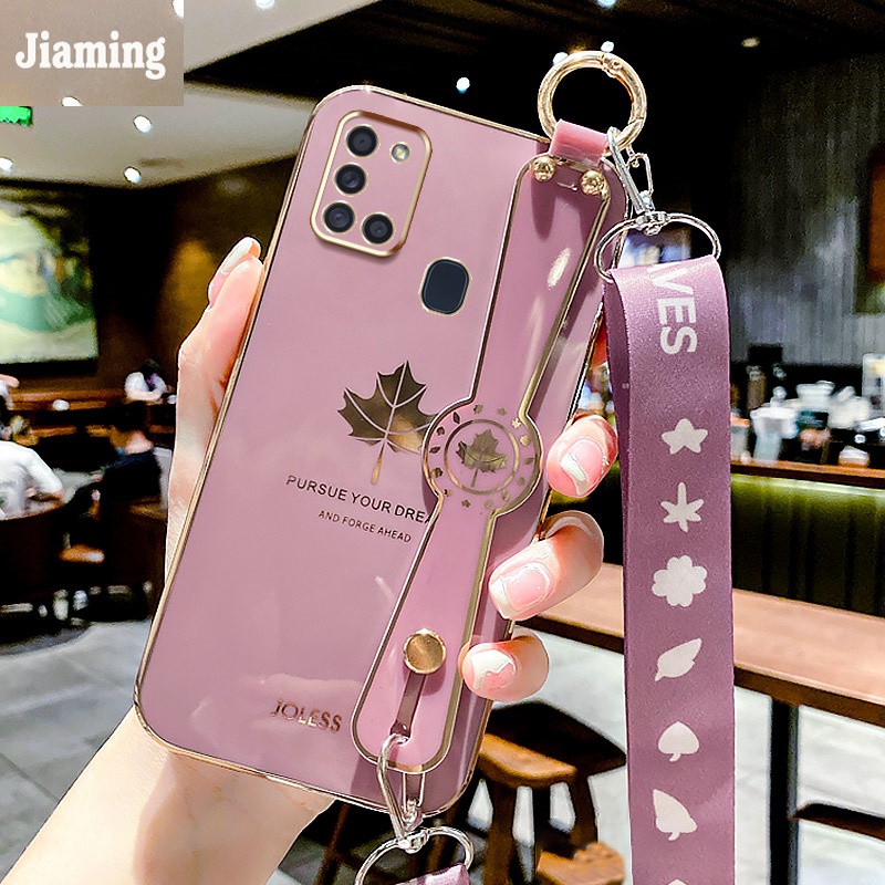 Ốp Điện Thoại Viền Lá Phong Mạ Điện Sang Trọng + Dây Đeo + Giá Đỡ Cho Samsung Galaxy A21S