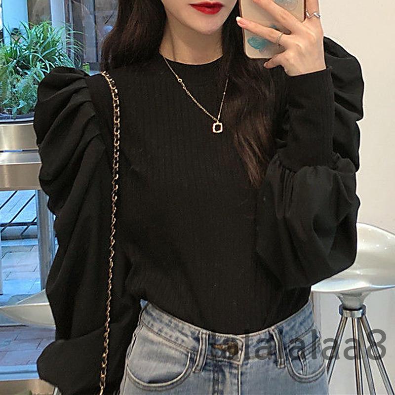 Áo thun dệt kim tay dài cổ tròn màu trơn dáng ôm thời trang thu đông dành cho nữ LAA8-YS
