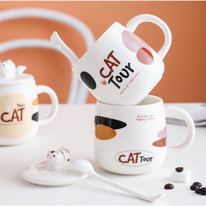 Cốc sứ có nắp đậy hình nèo CatTour dễ thương 400ml, uống trà cà phê