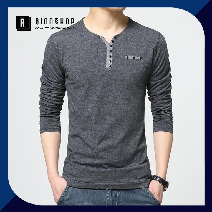 Áo thun nam tay dài hàn quốc túi nút giả RKL015 - áo phông nam dài tay đẹp Riooshop