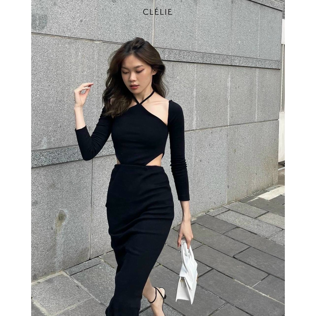 Đầm ôm body đen cutout khoét eo cổ yếm siêu xịn siêu se khoe eo váy đi bar dự tiệc dạo phố chụp ảnh Kawaii
