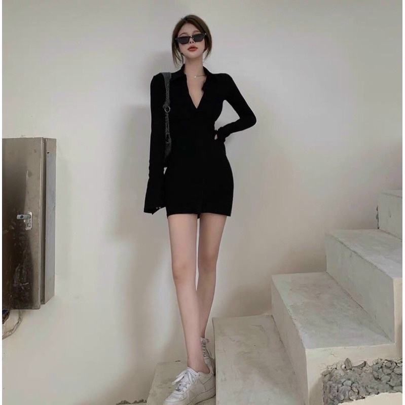 Đầm ôm body tay dài phối nút cổ bẻ tôn dáng