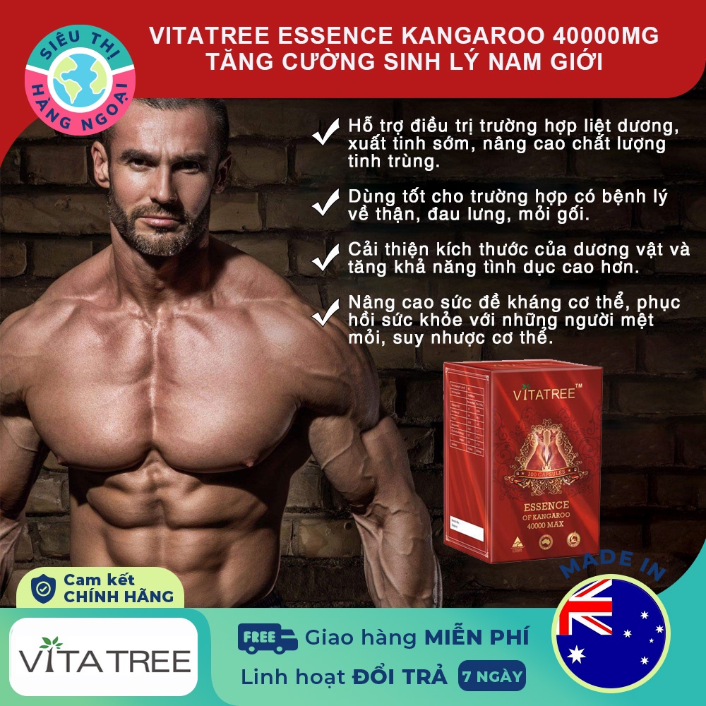 Tăng cường sinh lý nam giới Vitatree Essence Of Kangaroo 40000 Max Hộp 100 viên Australia