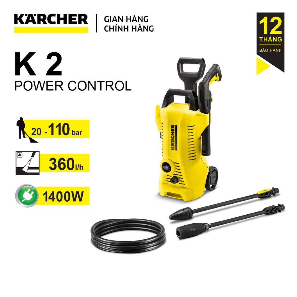 (Sản xuất Đức) Máy phun rửa áp lực cao Karcher K2 Power control áp lực tùy chỉnh 20-110 bar, công suất 1400w