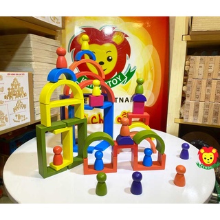 Bộ xếp hình cầu vồng khối xây dựng tạo hình giáo cụ Montessori, đồ chơi gỗ giáo dục thông minh