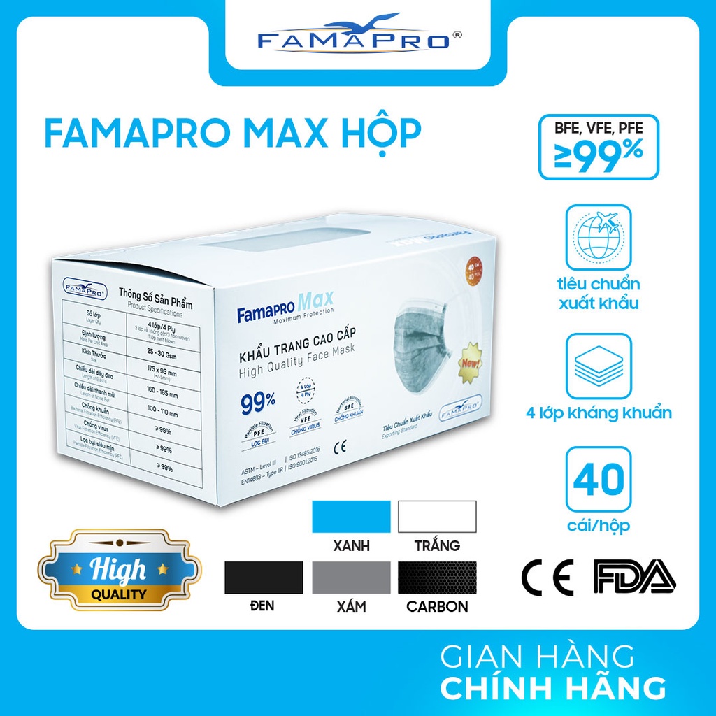 [FAMAPRO MAX HÀNG XUẤT KHẨU- 40 HỘP] Khẩu trang y tế kháng khuẩn 3 lớp Famapro max ( 40 cái /hộp )