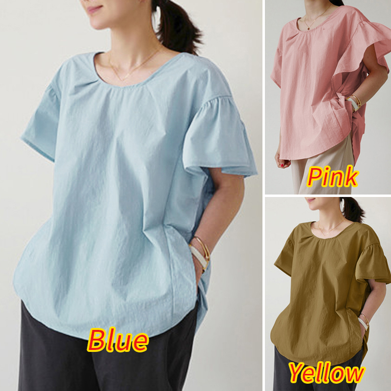 Áo ZANZEA Dáng Rộng Tay Áo Ngắn Phồng Cổ Chữ O Màu Trơn Cho Nữ Giới