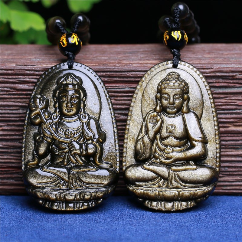 Mặt dây chuyền đá hắc diện thạch pha lê màu vàng tự nhiên hình Phật cá tính cho nam