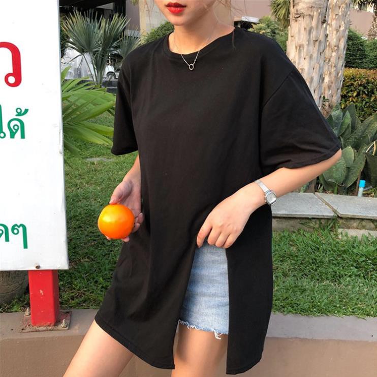 ORDER (sẵn HỒNG M) áo phông trơn xẻ tà tay lỡ dáng rộng dài phong cách ulzzang Hàn Quốc Đẹp *