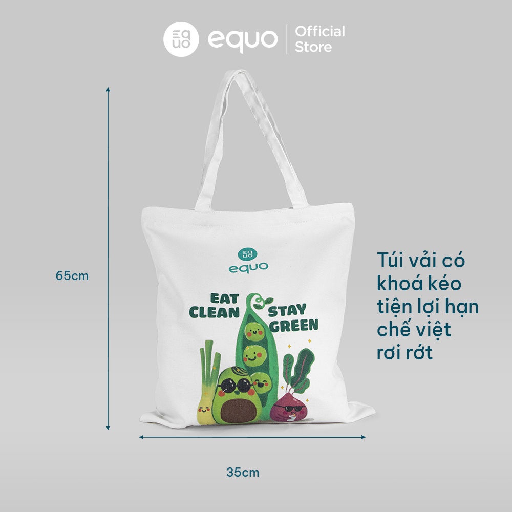 Túi vải EQUO thiết kế Eat clean - Stay green sử dụng được nhiều lần size 35x40cm