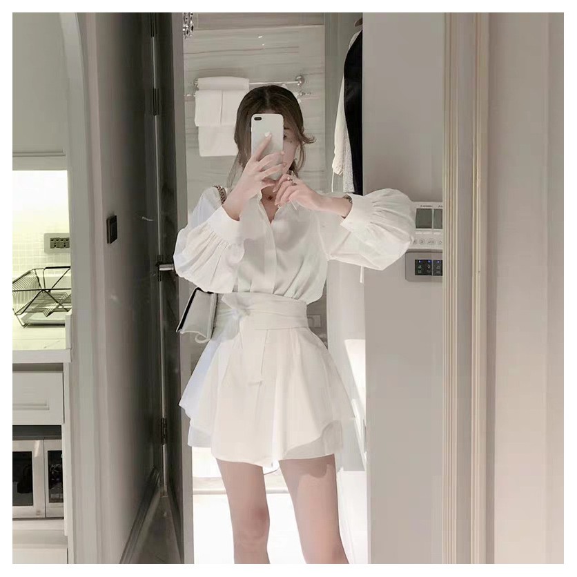 Áo sơ mi form dài cột nơ eo kèm quần đùi chất đũi (đen, trắng) 1sizeshop | BigBuy360 - bigbuy360.vn