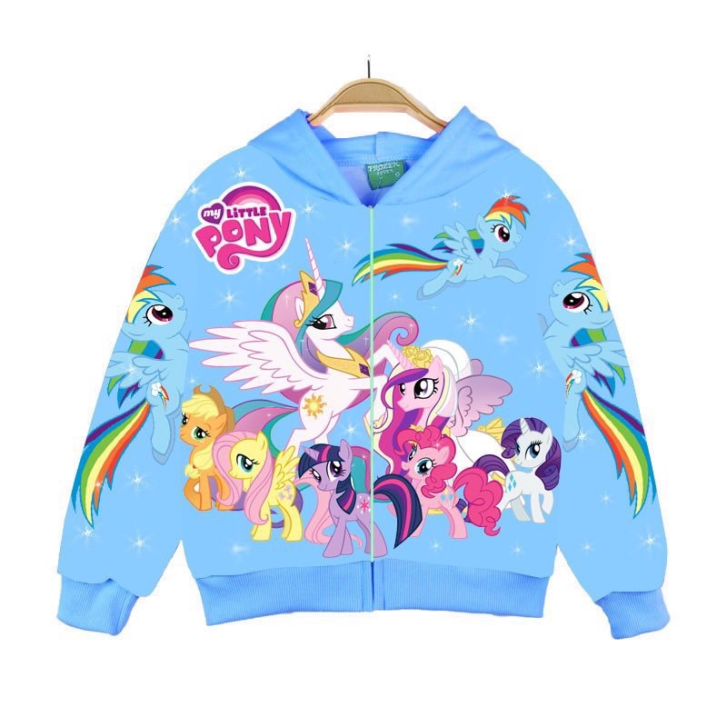 Áo khoác thun có nón in hình ngựa Pony màu xanh cho bé gái