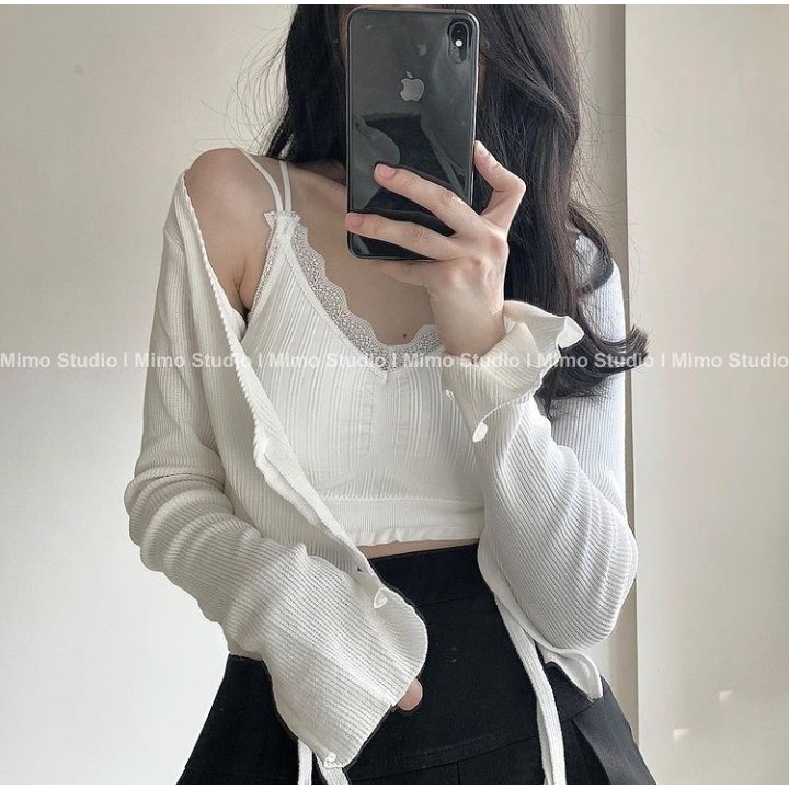 [ORDER]- Áo cardigan dây buộc xẻ tay Chân váy xòe xêp ly bảng lớn