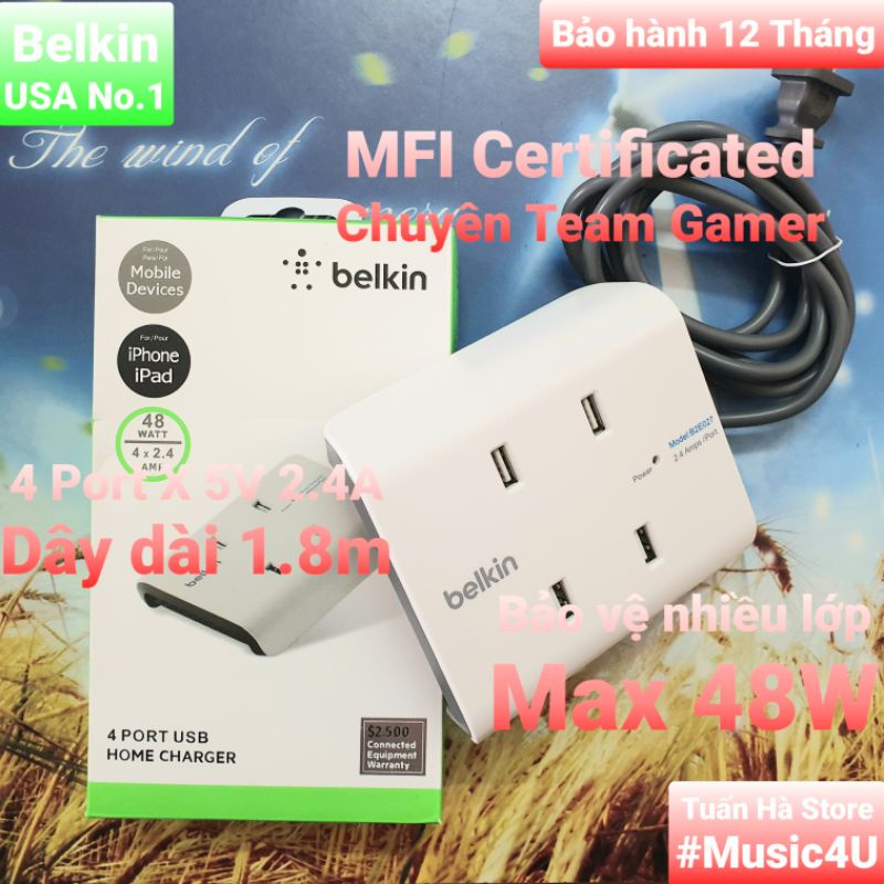 Bộ sạc nhanh Belkin 4 cổng 12W, 24W, 48W cho Iphone, Ipad, chuyên Gamer đấu team, B2E027 [Music4U]