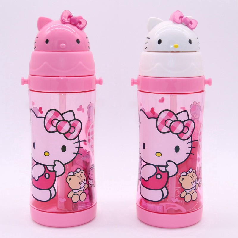 Bình uống nước ống hút nhựa 450ml họa tiết Hello Kitty Doraemon Chuột Mickey Hoàng tử ếch