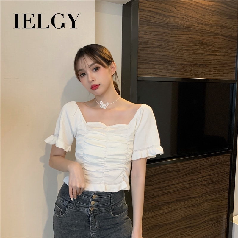 IELGY    Áo Thun Dệt Kim Ngắn Tay Hở Rốn Ôm Dáng Xếp Ly 7 Màu Sắc Tùy Chọn Cho Nữ