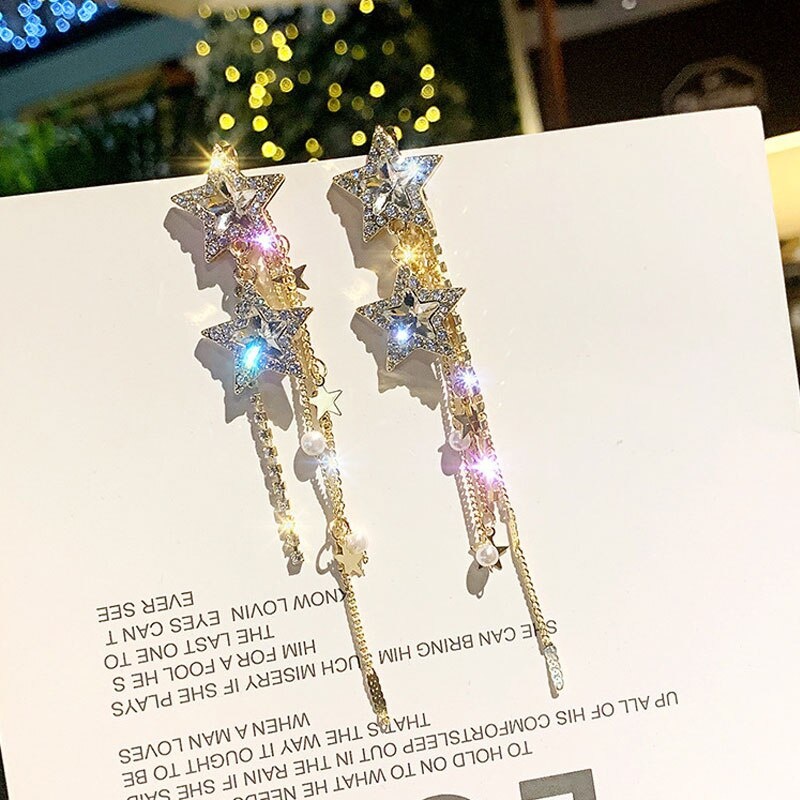 Đôi Khuyên Tai Dài Hình Ngôi Sao Đính Đá Thời Trang Cho Nữ