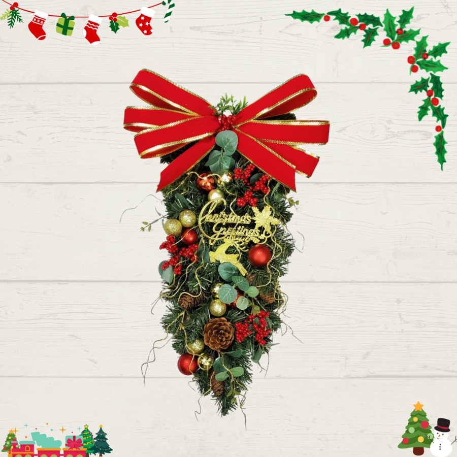 Chùm Thông Treo Tường CT01 Nơ Nhung Đỏ Trang Trí Noel Giáng Sinh (Tặng Kèm Đèn)